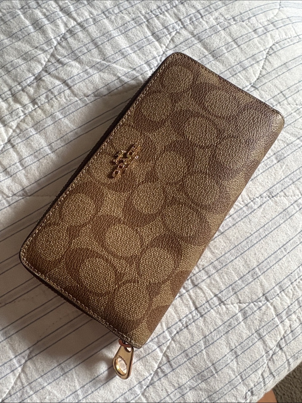 Coach Brown Signature Canvas Zip Wallet with Gold Logo